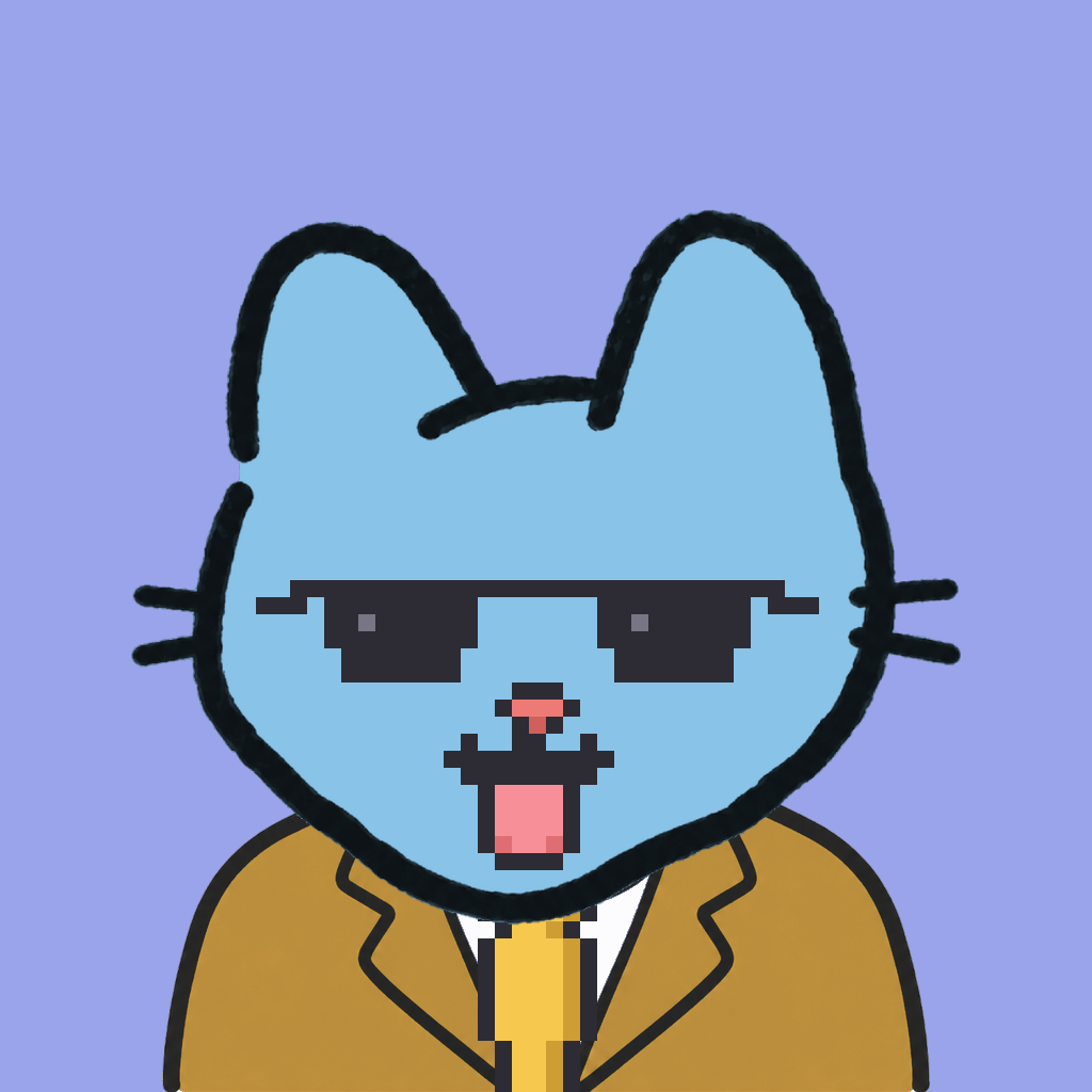 Employee #2935 — a sky cat, in a mustard suit, with a gold tie, wearing shades glasses, on periwinkle