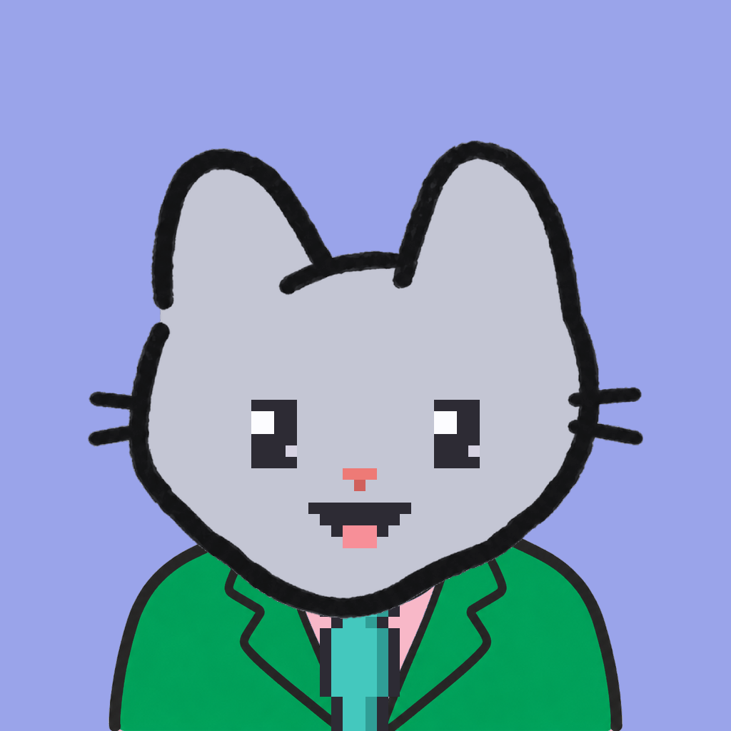 Employee #2936 — a gray cat, in a green suit, with a teal tie, on periwinkle