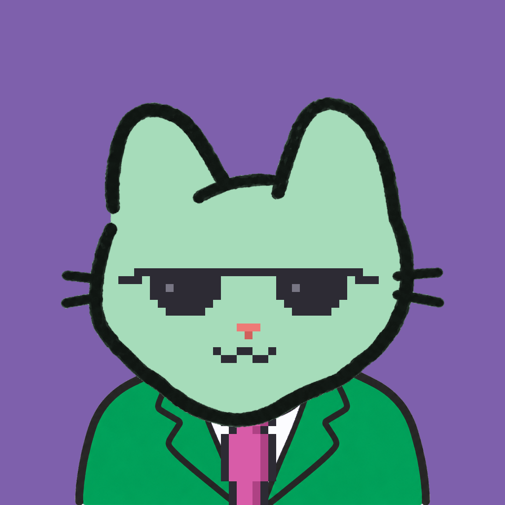 Employee #2937 — a mint cat, in a green suit, with a magenta tie, wearing shades glasses, on plasma violet