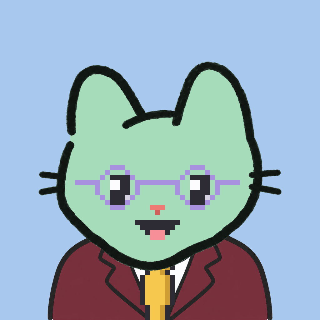 Employee #2938 — a mint cat, in a burgundy suit, with a gold tie, wearing round-lavender glasses, on sky