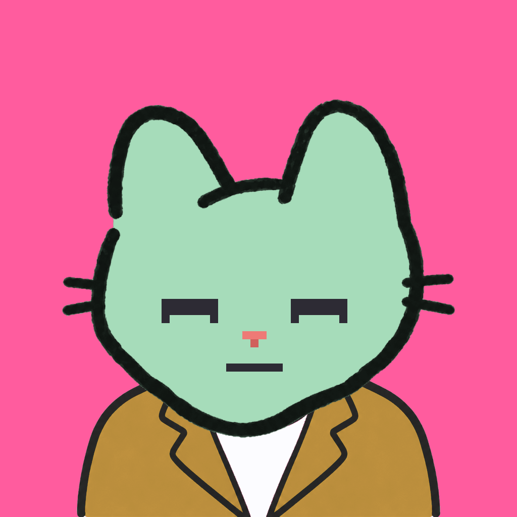 Employee #2939 — a mint cat, in a mustard suit, on hot pink