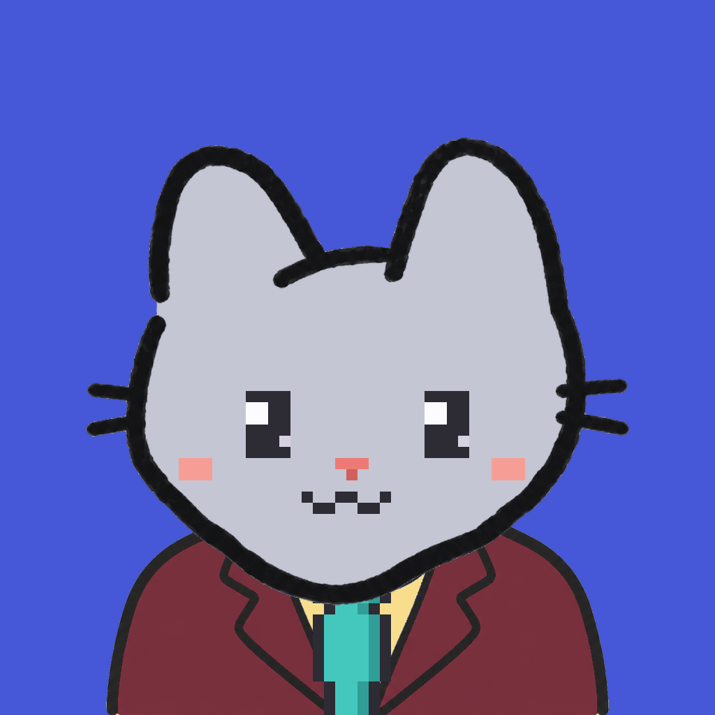 Employee #0294 — a gray cat, in a burgundy suit, with a teal tie, on royal