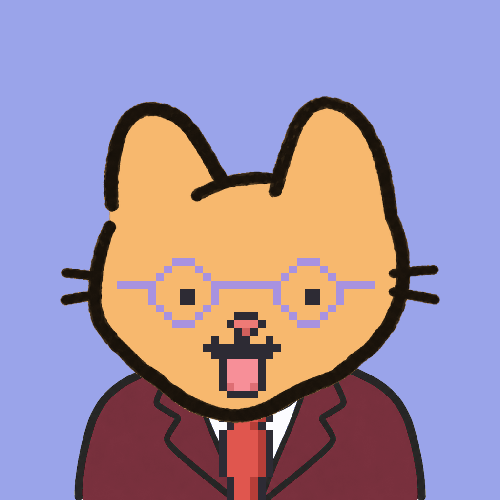 Employee #2940 — a tabby cat, in a burgundy suit, with a red tie, wearing round-lavender glasses, on periwinkle