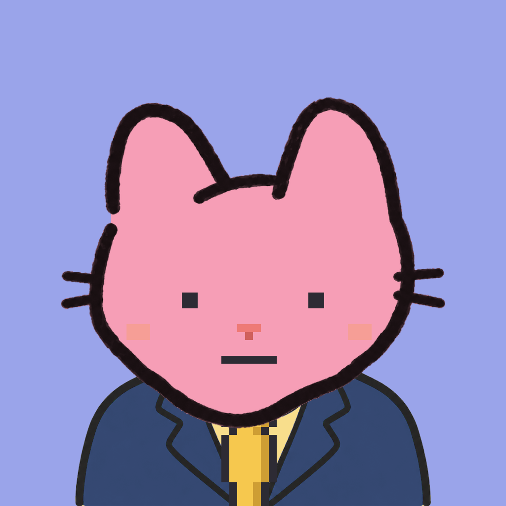 Employee #2941 — a pink cat, in a navy suit, with a gold tie, on periwinkle