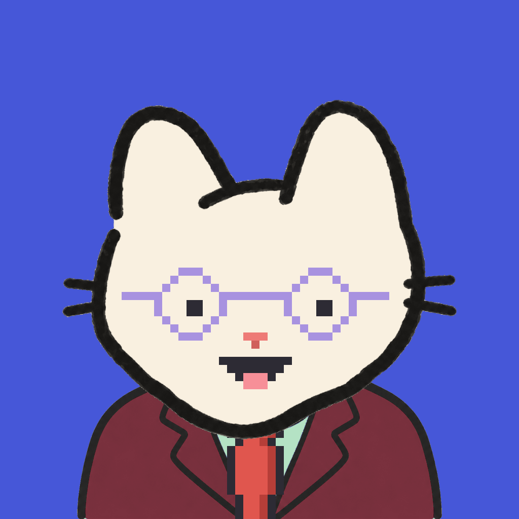 Employee #2942 — a cream cat, in a burgundy suit, with a red tie, wearing round-lavender glasses, on royal