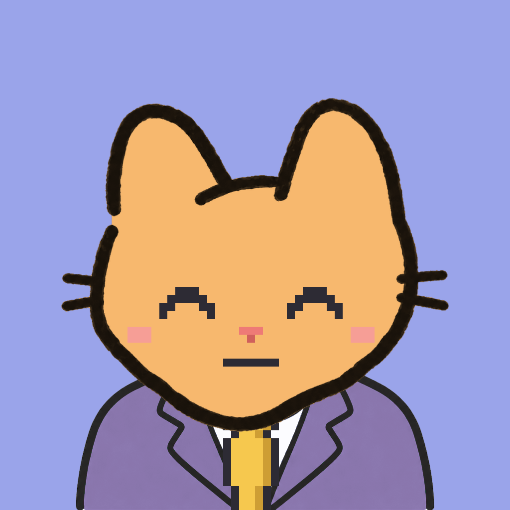 Employee #2943 — a tabby cat, in a lavender suit, with a gold tie, on periwinkle