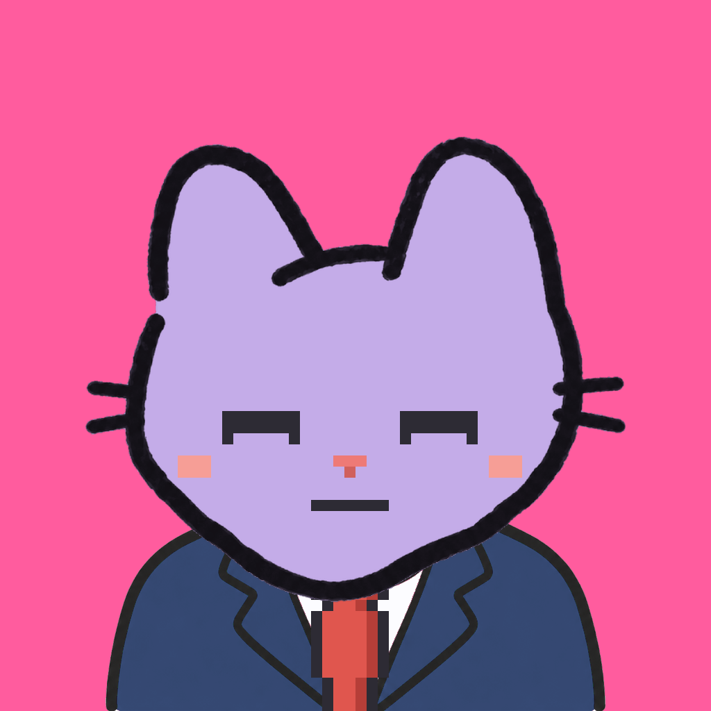 Employee #2944 — a lavender cat, in a navy suit, with a red tie, on hot pink