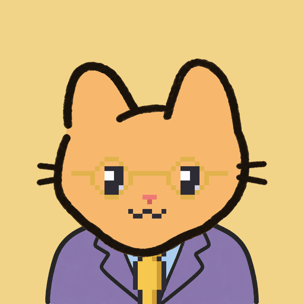 Employee #2945 — a tabby cat, in a lavender suit, with a gold tie, wearing round-gold glasses, on butter