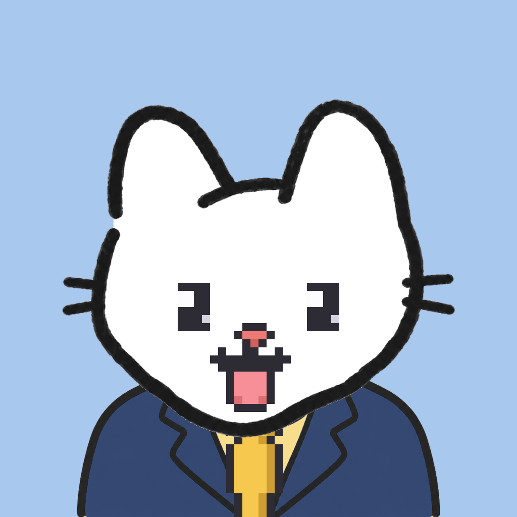 Employee #2946 — a white cat, in a navy suit, with a gold tie, on sky