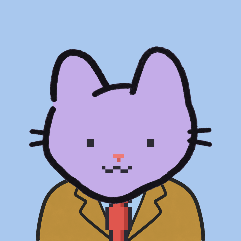Employee #2947 — a lavender cat, in a mustard suit, with a red tie, on sky