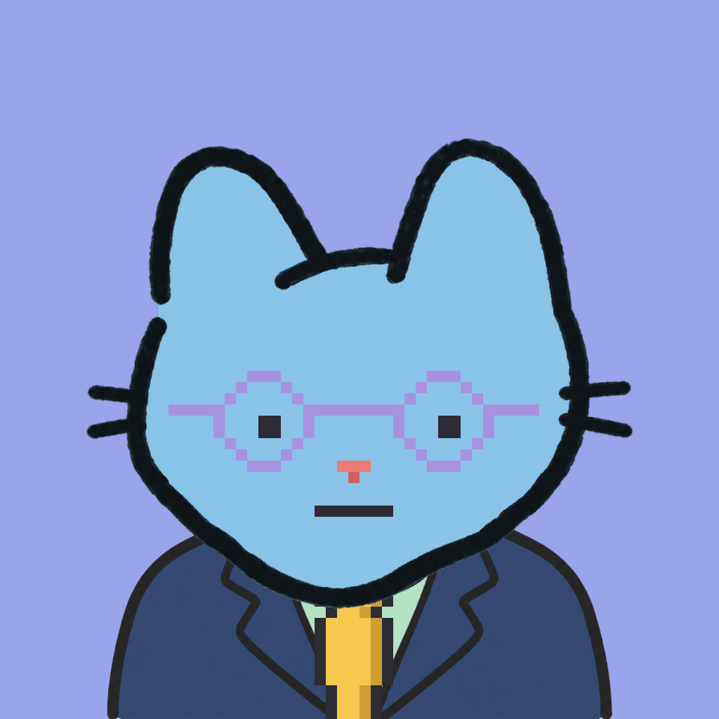 Employee #2948 — a sky cat, in a navy suit, with a gold tie, wearing round-lavender glasses, on periwinkle