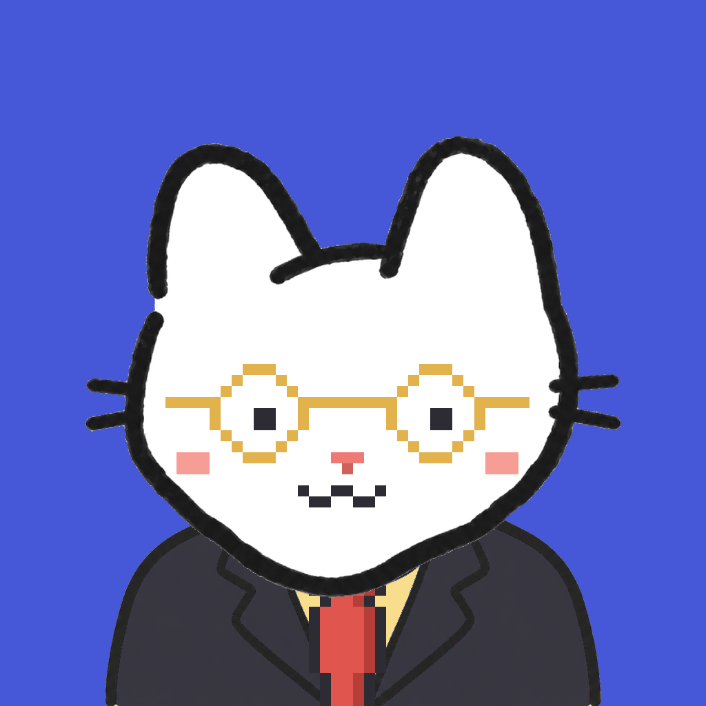 Employee #2949 — a white cat, in a black suit, with a red tie, wearing round-gold glasses, on royal