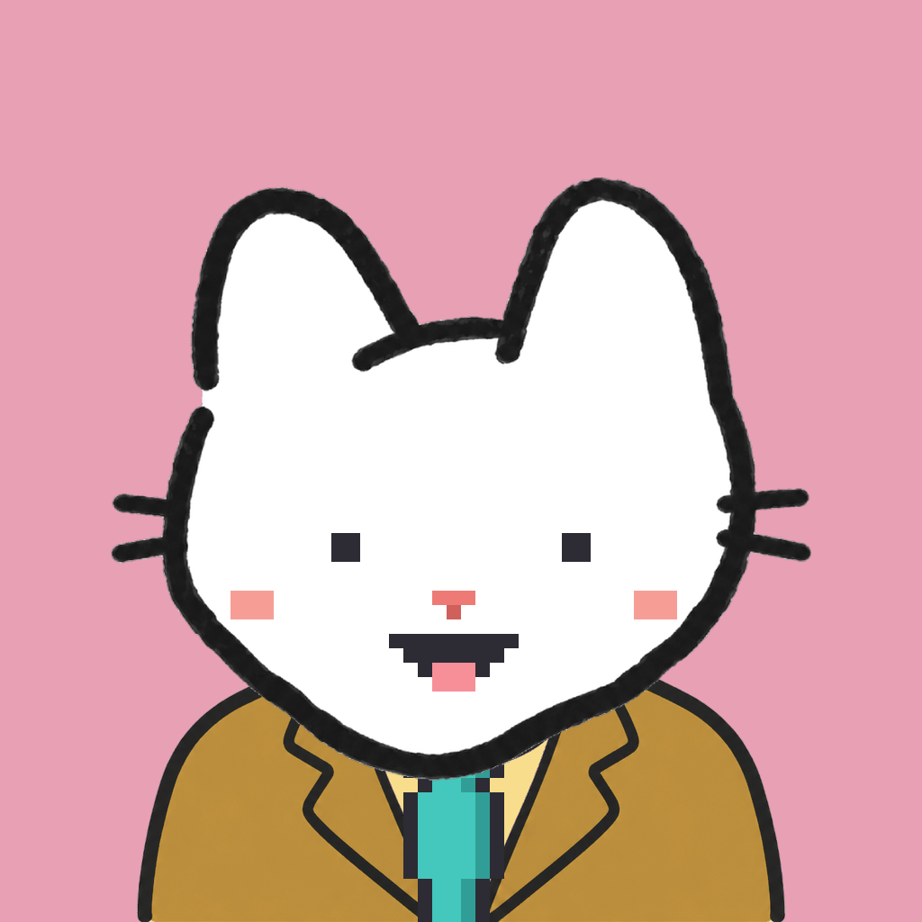 Employee #0295 — a white cat, in a mustard suit, with a teal tie, on rose