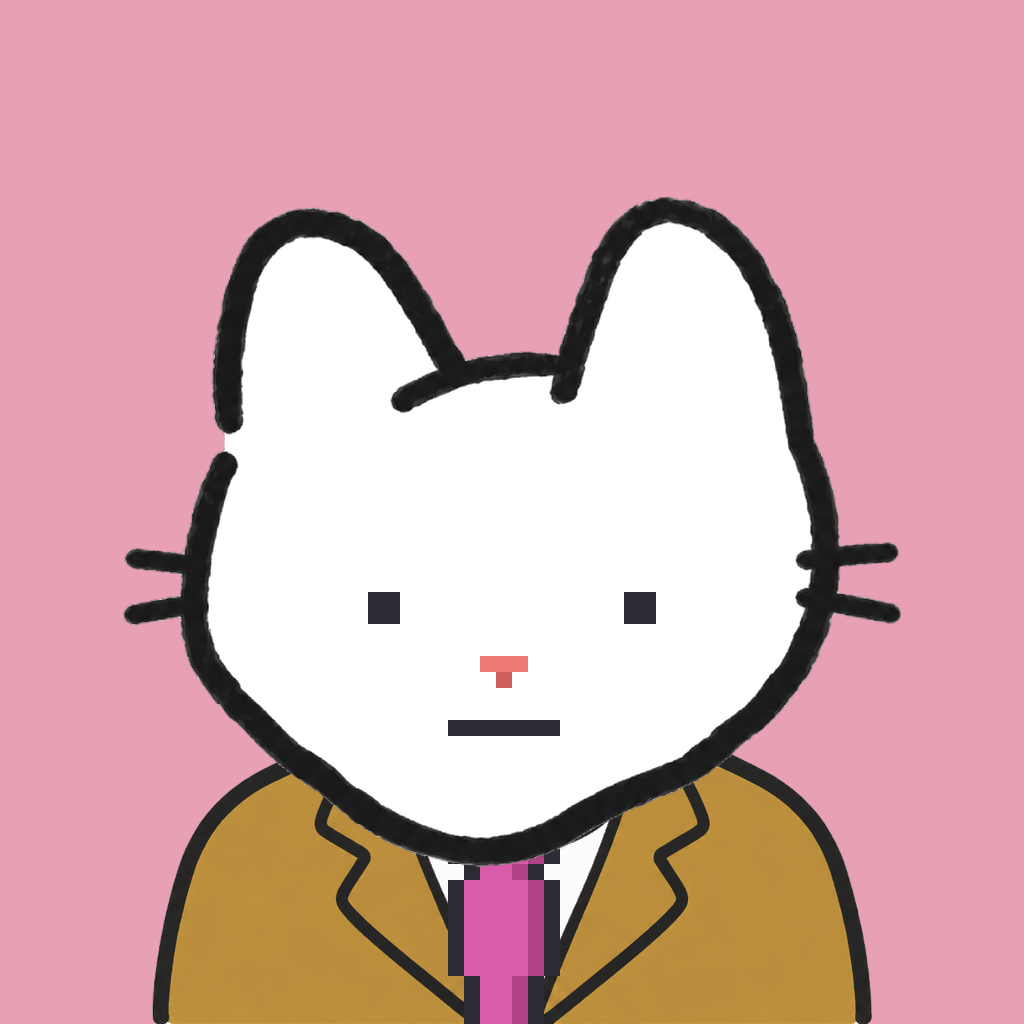 Employee #2950 — a white cat, in a mustard suit, with a magenta tie, on rose