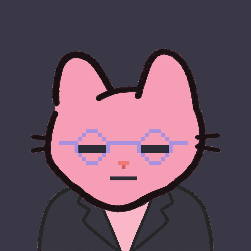 Employee #2951 — a pink cat, in a black suit, wearing round-lavender glasses, on charcoal