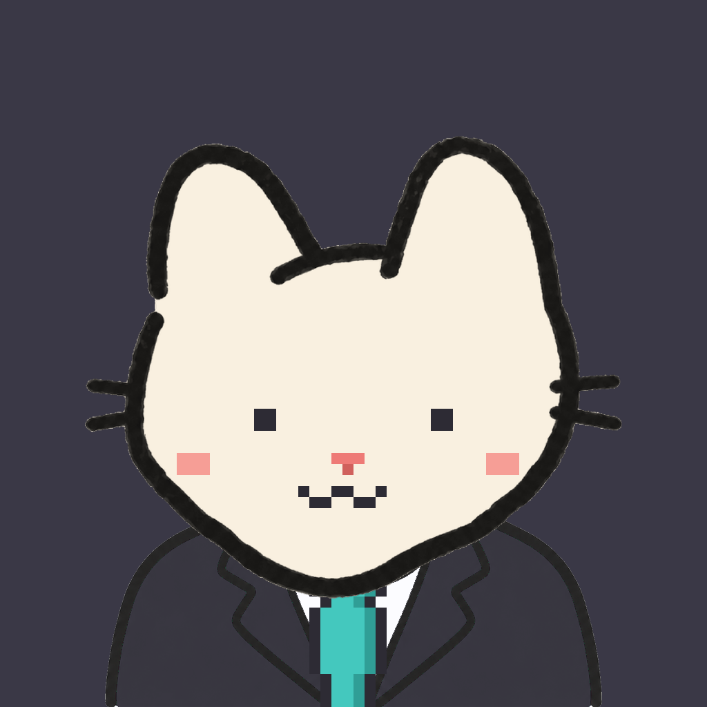Employee #2952 — a cream cat, in a black suit, with a teal tie, on charcoal