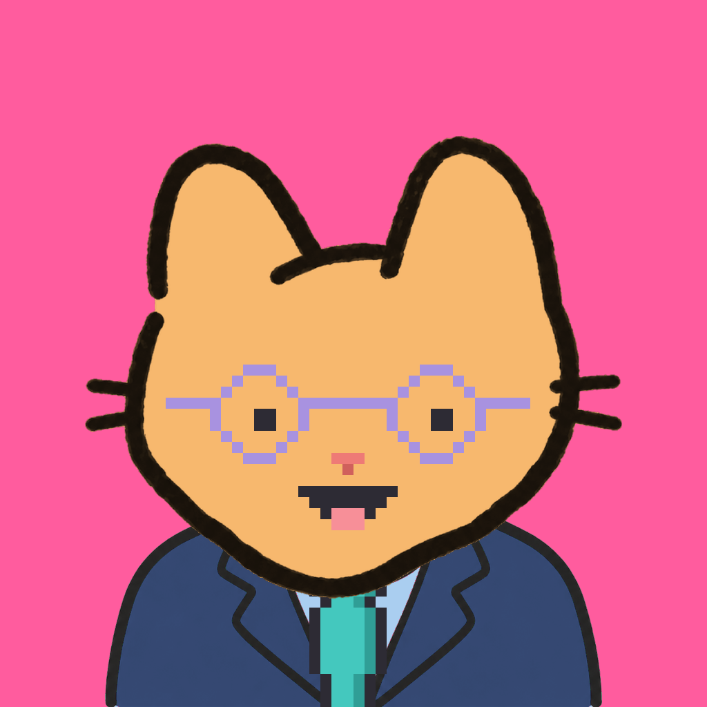 Employee #2953 — a tabby cat, in a navy suit, with a teal tie, wearing round-lavender glasses, on hot pink