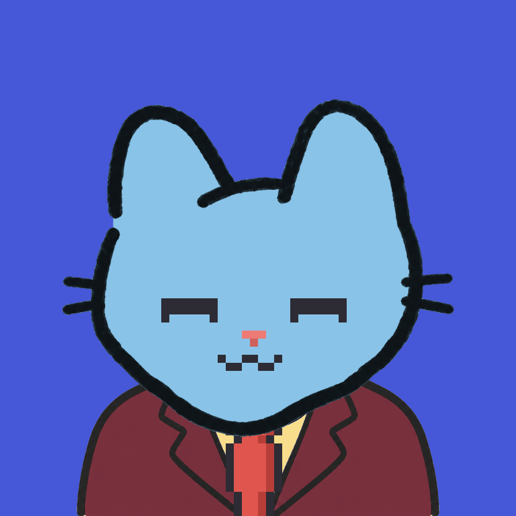 Employee #2954 — a sky cat, in a burgundy suit, with a red tie, on royal