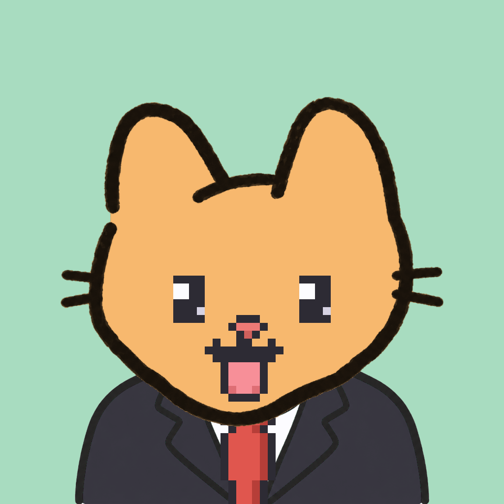 Employee #2955 — a tabby cat, in a black suit, with a red tie, on mint