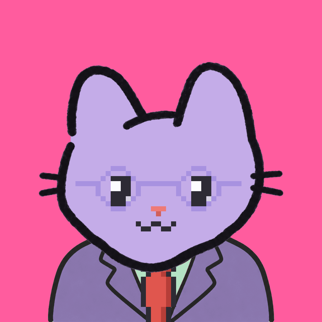 Employee #2956 — a lavender cat, in a lavender suit, with a red tie, wearing round-lavender glasses, on hot pink