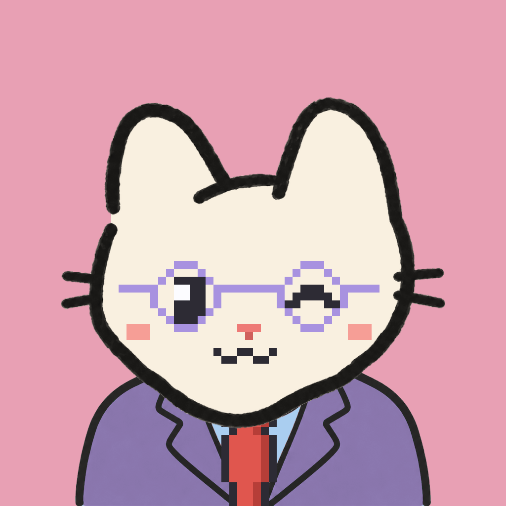 Employee #2957 — a cream cat, in a lavender suit, with a red tie, wearing round-lavender glasses, on rose