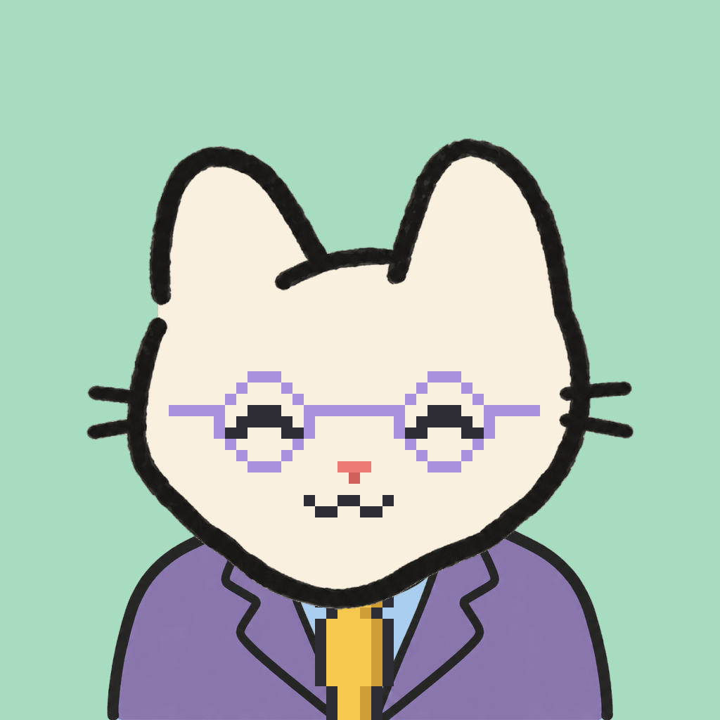 Employee #2958 — a cream cat, in a lavender suit, with a gold tie, wearing round-lavender glasses, on mint