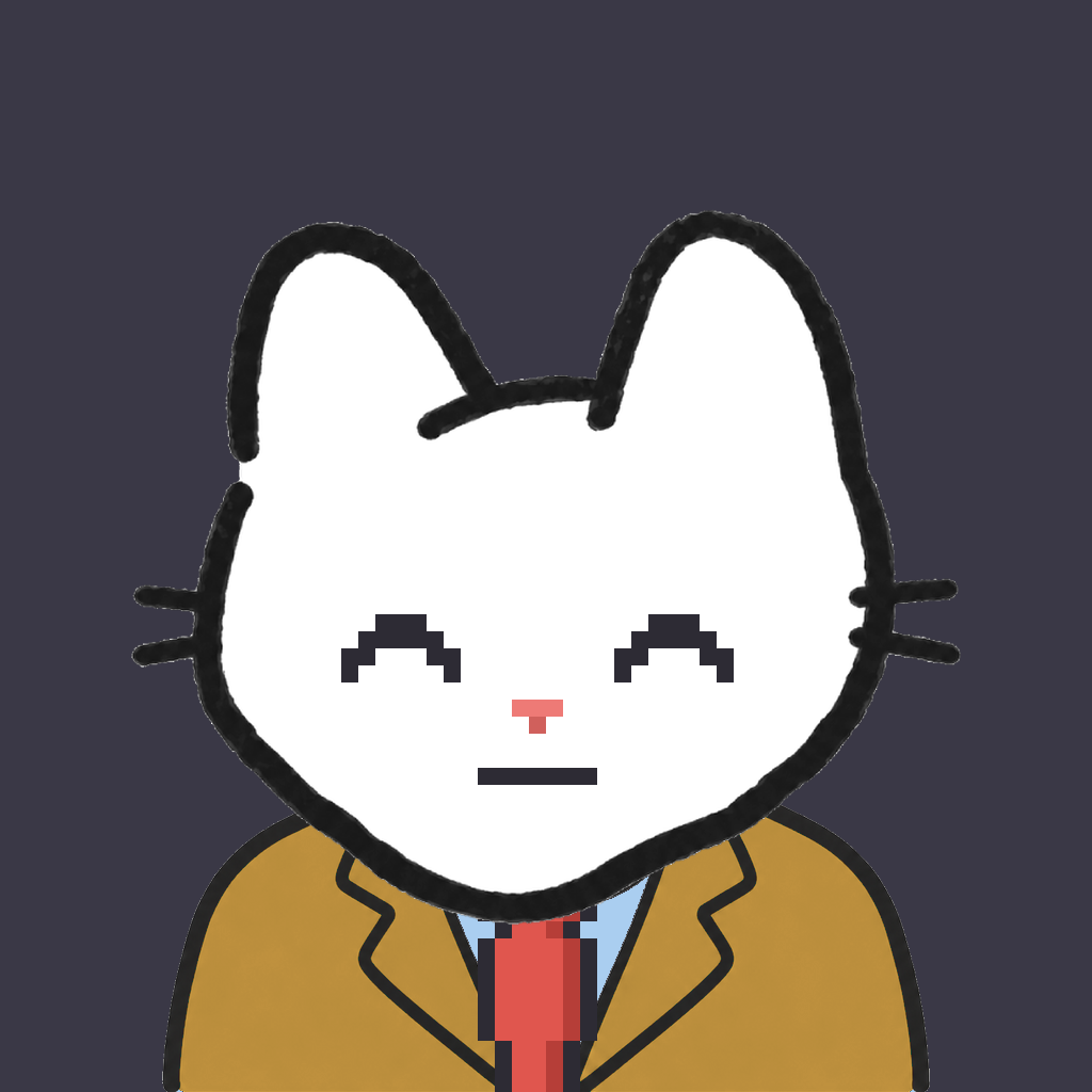 Employee #2959 — a white cat, in a mustard suit, with a red tie, on charcoal