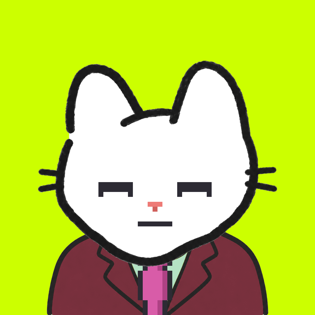 Employee #0296 — a white cat, in a burgundy suit, with a magenta tie, on volt