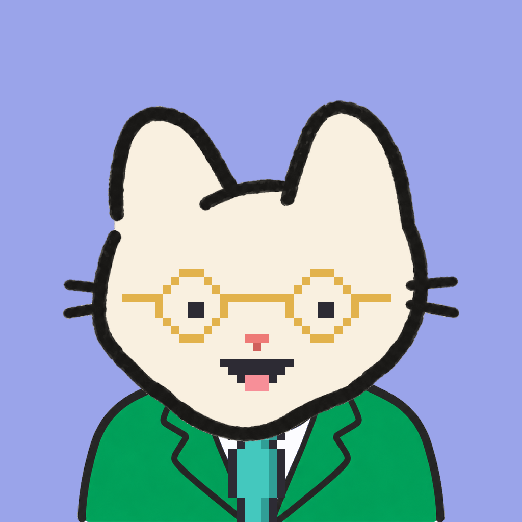 Employee #2960 — a cream cat, in a green suit, with a teal tie, wearing round-gold glasses, on periwinkle