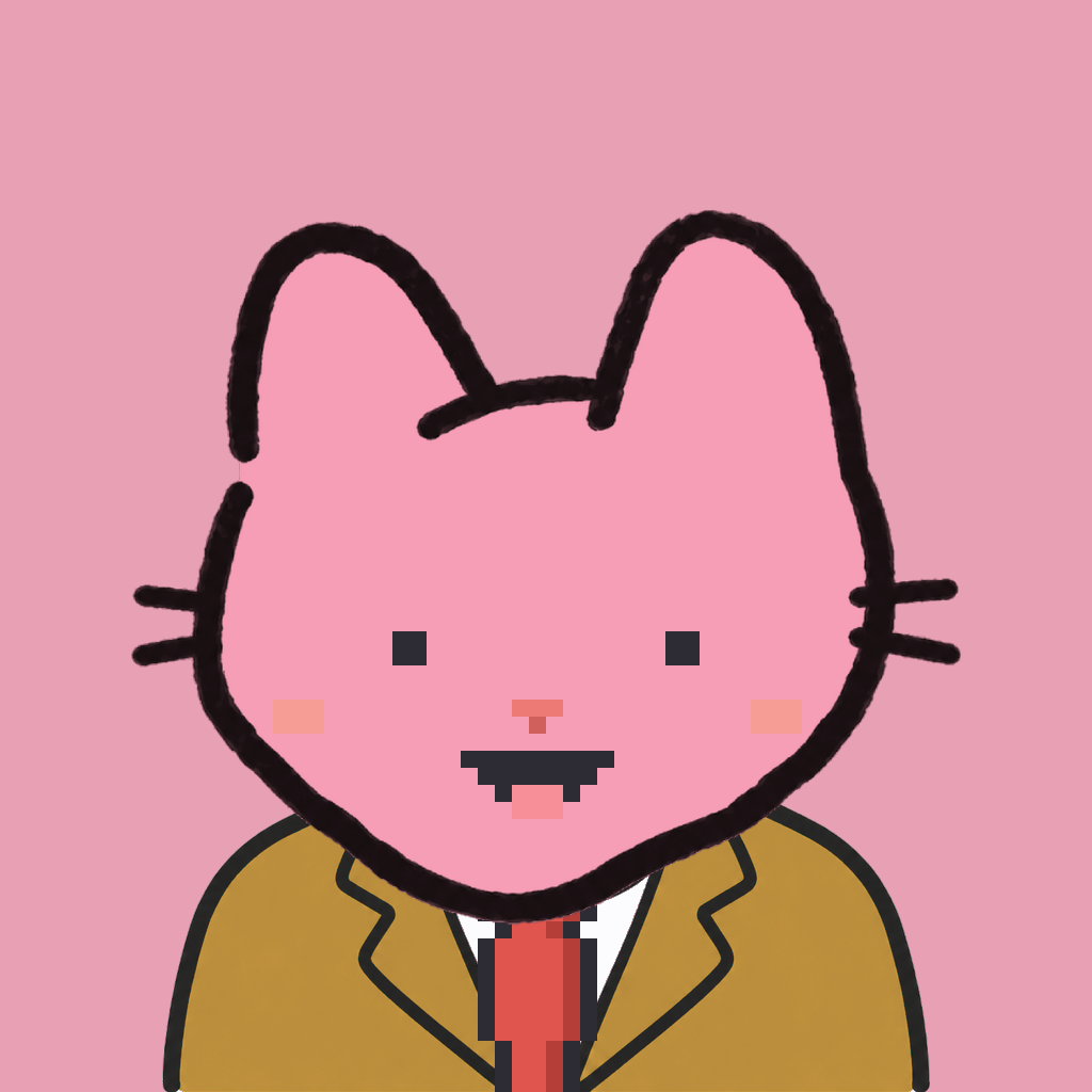 Employee #2961 — a pink cat, in a mustard suit, with a red tie, on rose