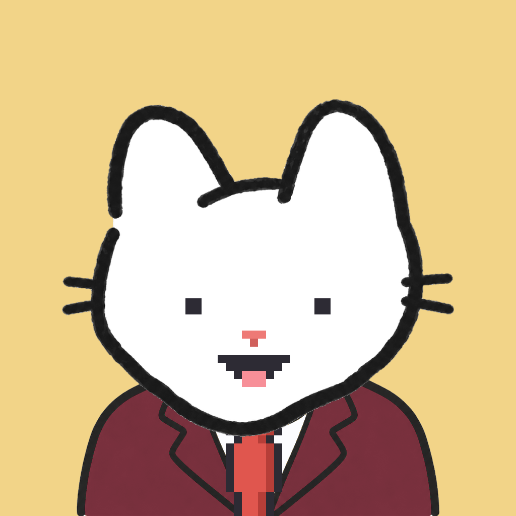 Employee #2962 — a white cat, in a burgundy suit, with a red tie, on butter