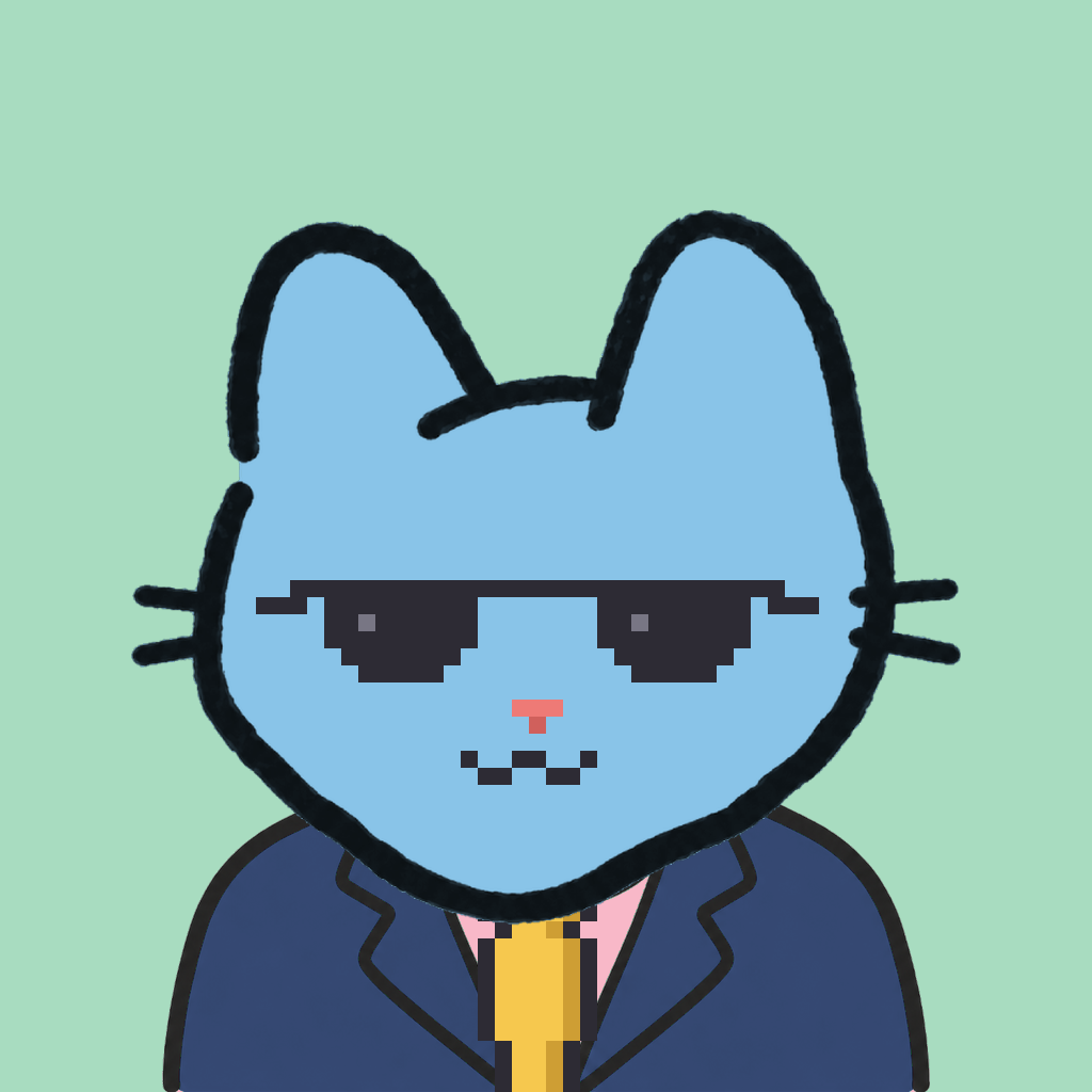 Employee #2963 — a sky cat, in a navy suit, with a gold tie, wearing shades glasses, on mint