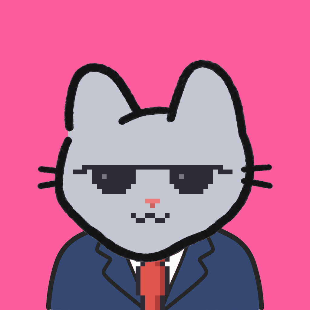 Employee #2964 — a gray cat, in a navy suit, with a red tie, wearing shades glasses, on hot pink