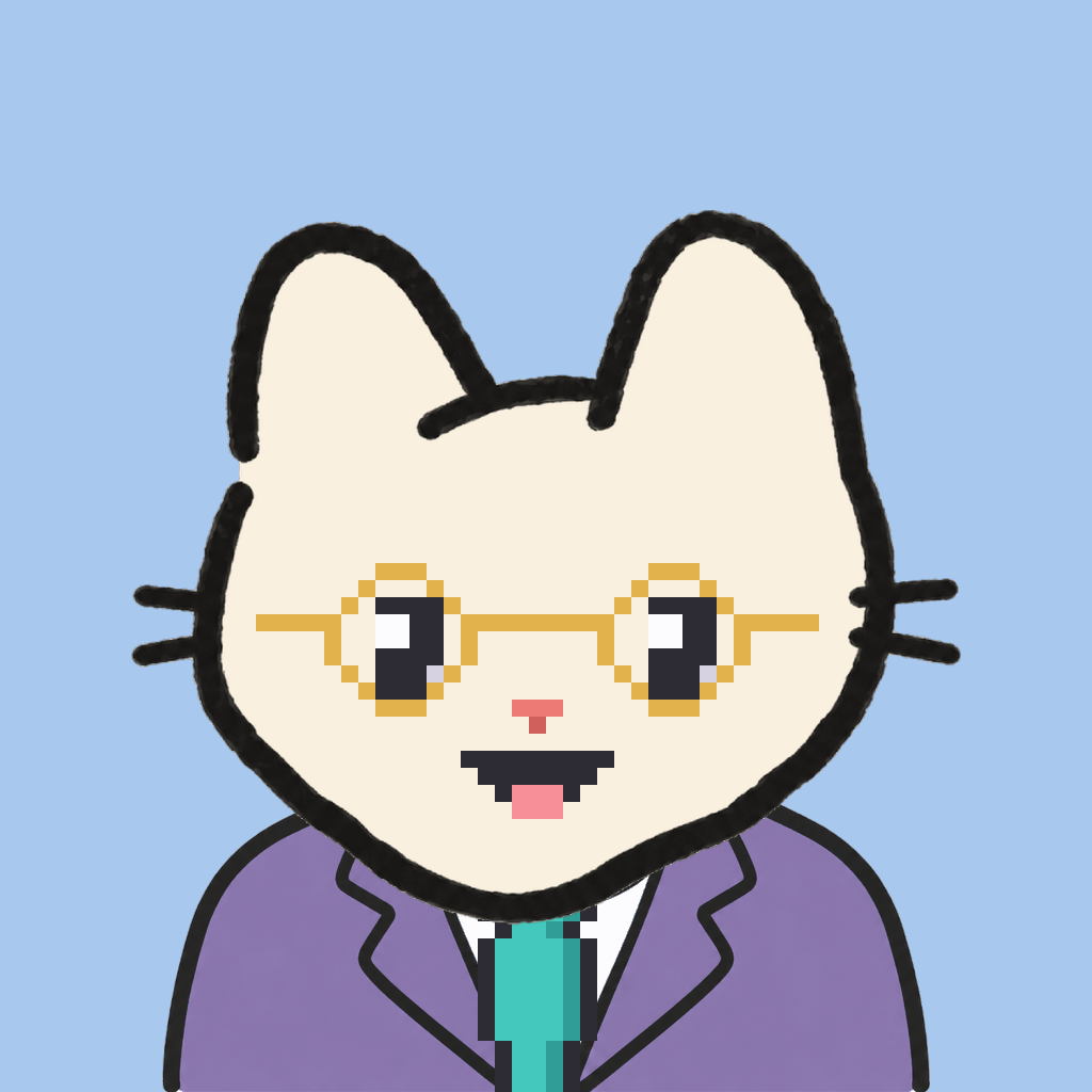 Employee #2965 — a cream cat, in a lavender suit, with a teal tie, wearing round-gold glasses, on sky