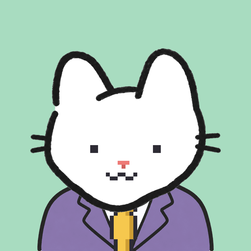 Employee #2966 — a white cat, in a lavender suit, with a gold tie, on mint