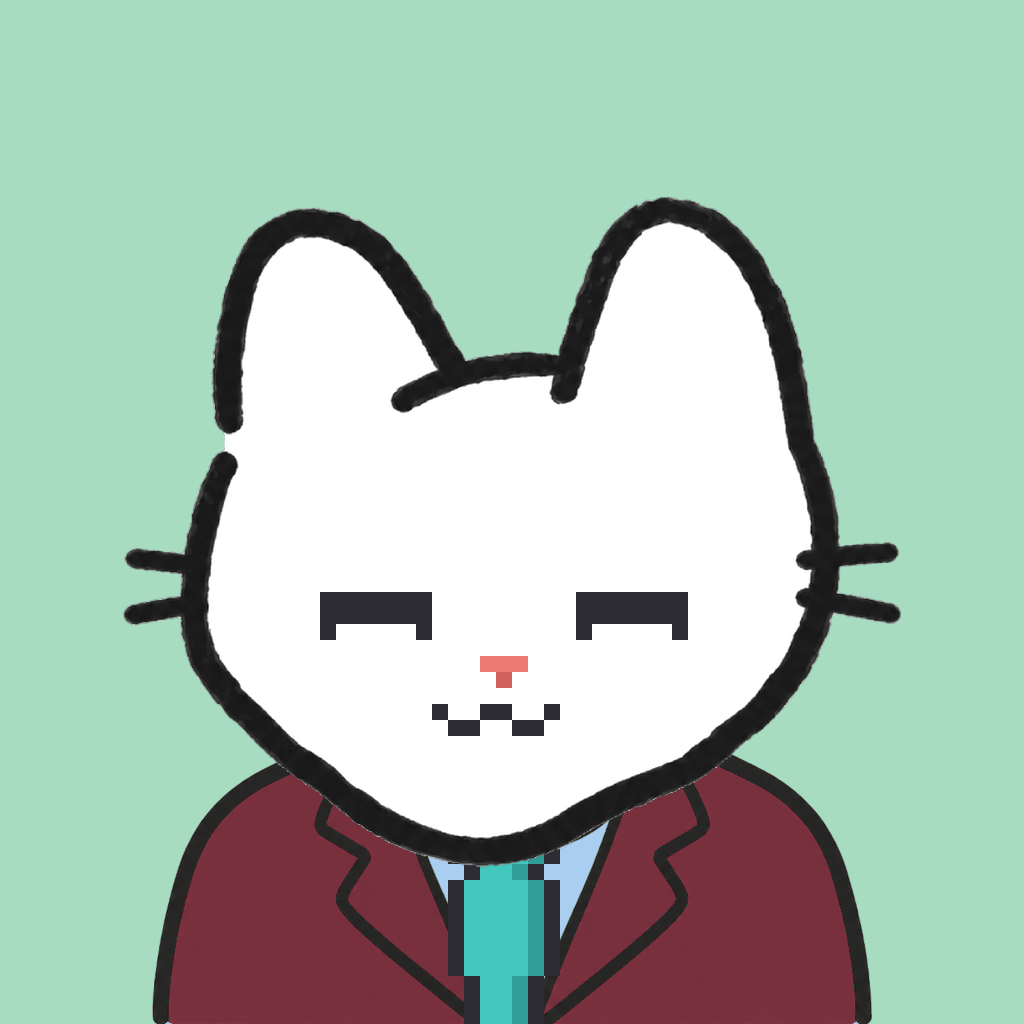 Employee #2967 — a white cat, in a burgundy suit, with a teal tie, on mint