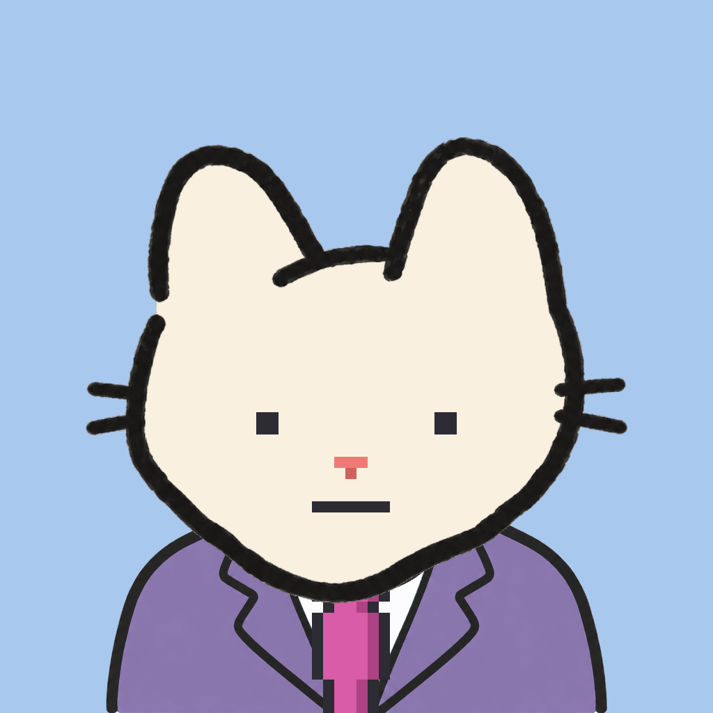 Employee #2969 — a cream cat, in a lavender suit, with a magenta tie, on sky
