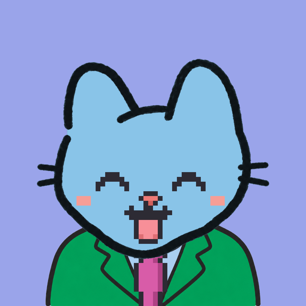 Employee #0297 — a sky cat, in a green suit, with a magenta tie, on periwinkle