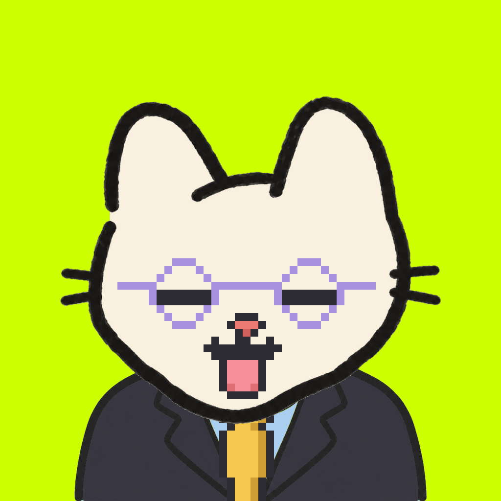 Employee #2970 — a cream cat, in a black suit, with a gold tie, wearing round-lavender glasses, on volt