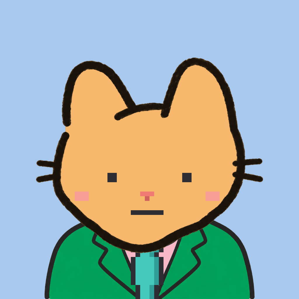 Employee #2971 — a tabby cat, in a green suit, with a teal tie, on sky