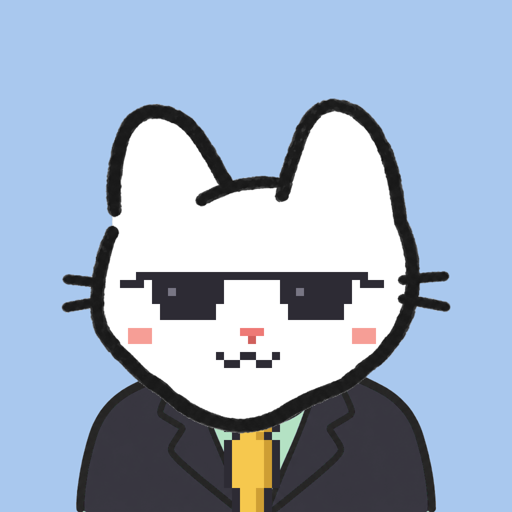 Employee #2972 — a white cat, in a black suit, with a gold tie, wearing shades glasses, on sky