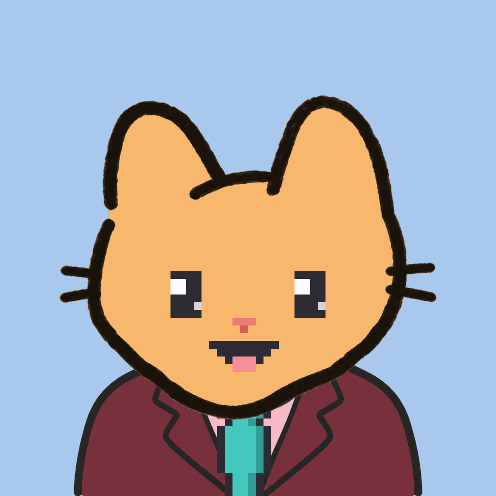 Employee #2973 — a tabby cat, in a burgundy suit, with a teal tie, on sky