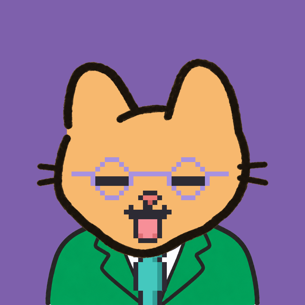 Employee #2974 — a tabby cat, in a green suit, with a teal tie, wearing round-lavender glasses, on plasma violet