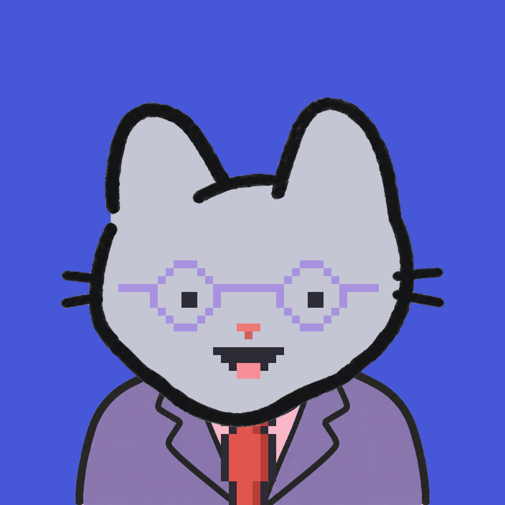 Employee #2975 — a gray cat, in a lavender suit, with a red tie, wearing round-lavender glasses, on royal