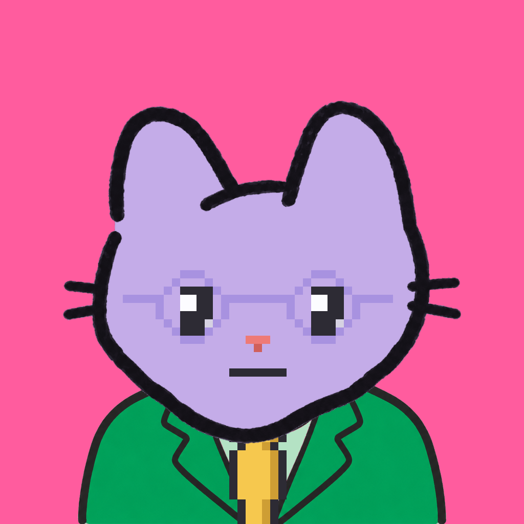 Employee #2976 — a lavender cat, in a green suit, with a gold tie, wearing round-lavender glasses, on hot pink