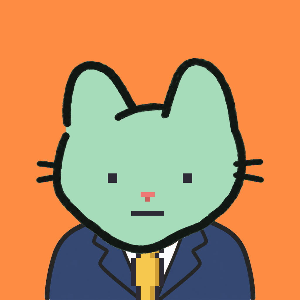Employee #2977 — a mint cat, in a navy suit, with a gold tie, on tangerine