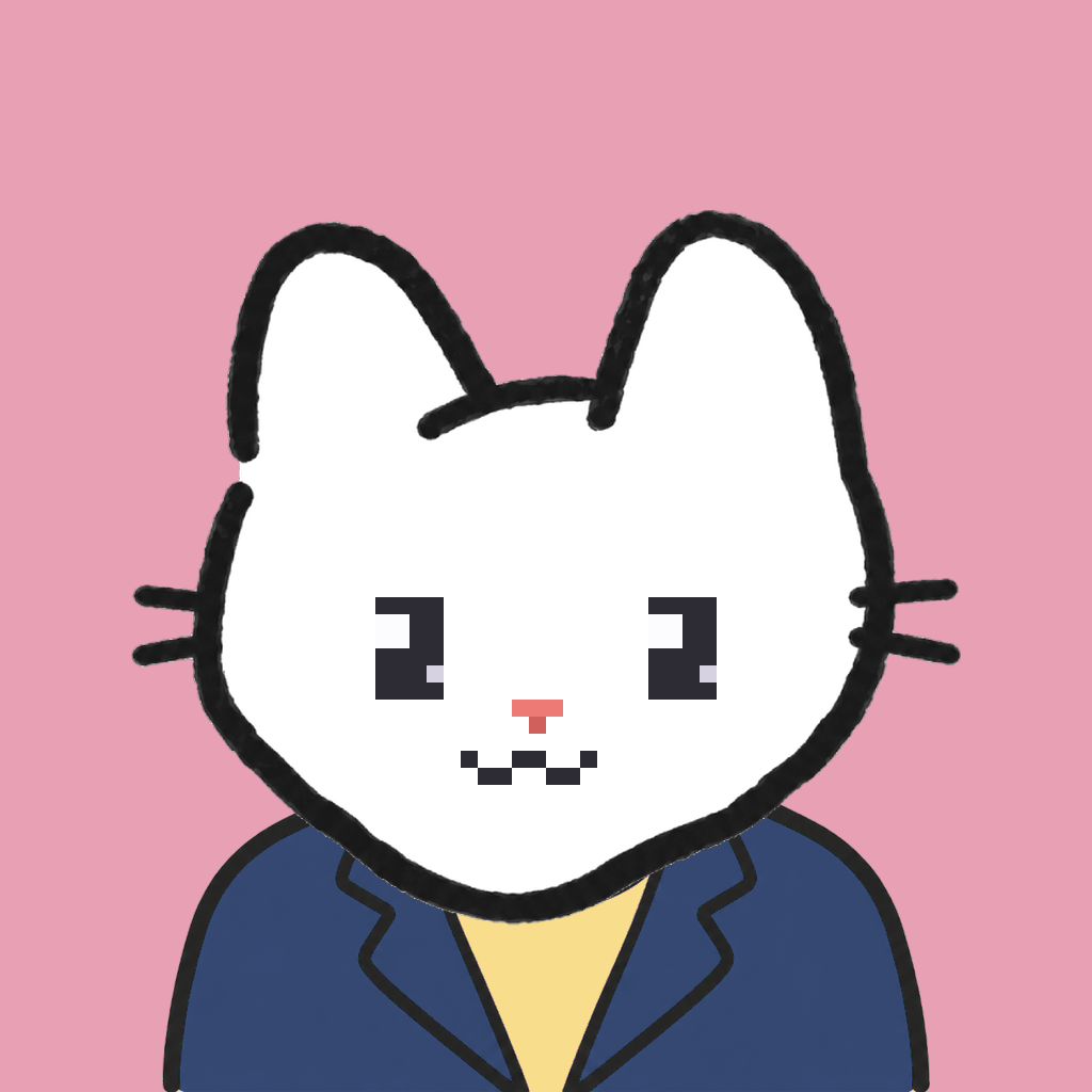 Employee #2978 — a white cat, in a navy suit, on rose