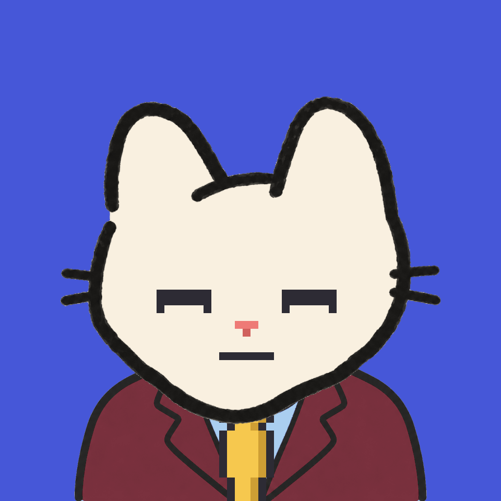 Employee #2979 — a cream cat, in a burgundy suit, with a gold tie, on royal