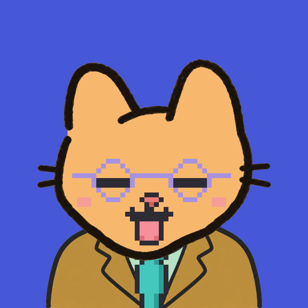 Employee #0298 — a tabby cat, in a mustard suit, with a teal tie, wearing round-lavender glasses, on royal