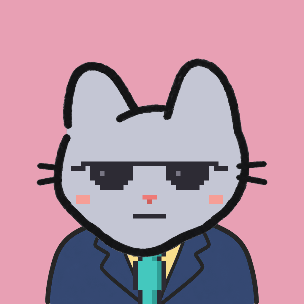Employee #2980 — a gray cat, in a navy suit, with a teal tie, wearing shades glasses, on rose